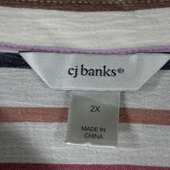 CJ Banks Button Down Striped Top Women 2X Plus Cotton Short Sleeve Coastal Boho - Picture 4 of 8